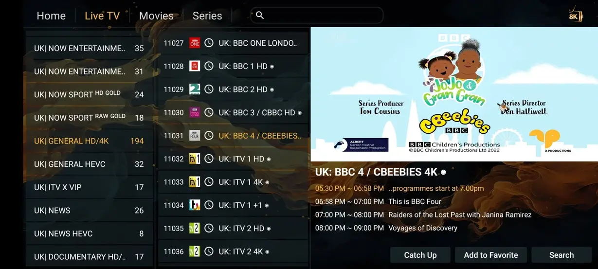 4K IPTV USA player screen with content categories 6